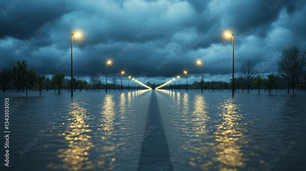 Obraz premium Elegant A flooded street after a severe thunderstorm with streetlights reflecting on the wet pavement and dark clouds still looming overhead 