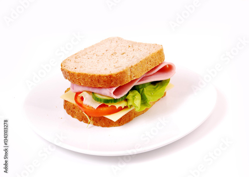 Healthy ham sandwich with cheese, tomatoes on white background