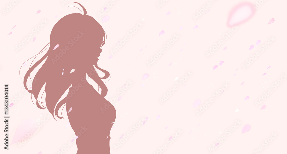 女性 横側 桜吹雪 影絵 女性 横側 桜吹雪 影絵