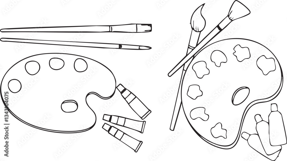 Set of Artist palette with brushes vector line  art
