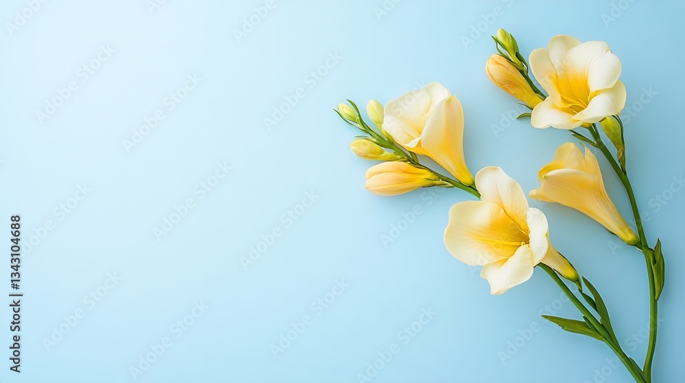 Fototapeta premium Space Yellow Freesia Overview Text Blue Green Right