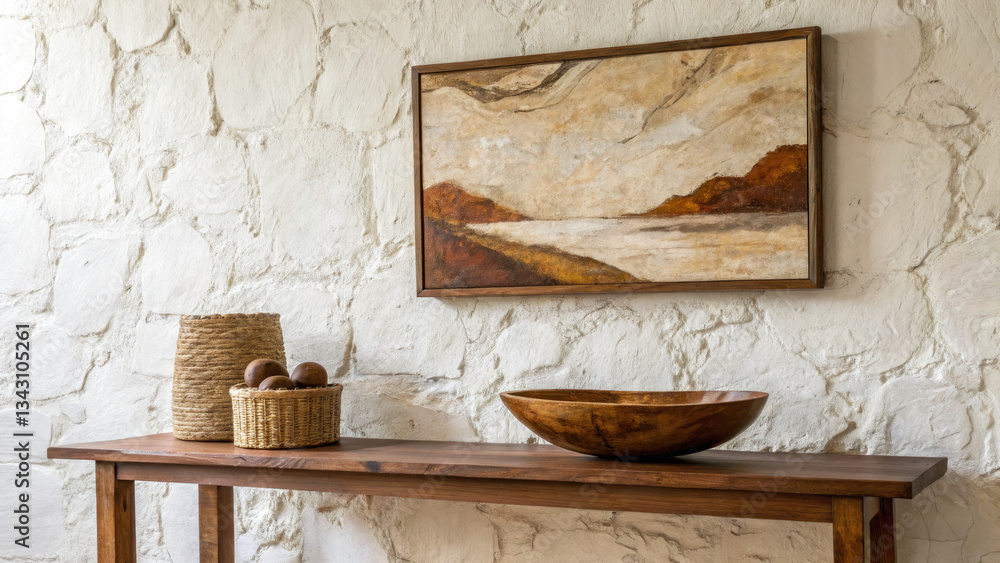 Textured white and brown plaster wall featuring abstract art, complemented by a wooden bowl on an elegant table, creating a sophisticated, minimalist, and earthy interior design composition. Textured white and brown plaster wall featuring abstract art, complemented by a wooden bowl on an elegant table, creating a sophisticated, minimalist, and earthy interior design composition.