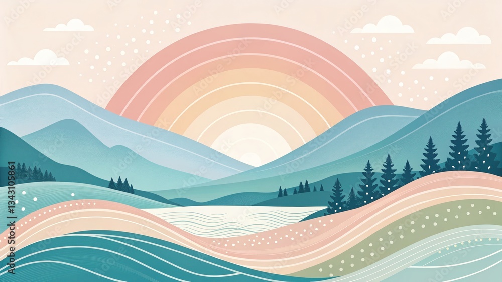 Obraz premium Serene natural landscape with gentle waves mountains and rainbow digital artwork tranquil environment aesthetic viewpoint nature concept for relaxation and inspiration