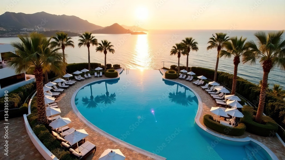 Fototapeta premium Panoramic pool in the shape of a heart, hotel, morning sun, sea, palm trees