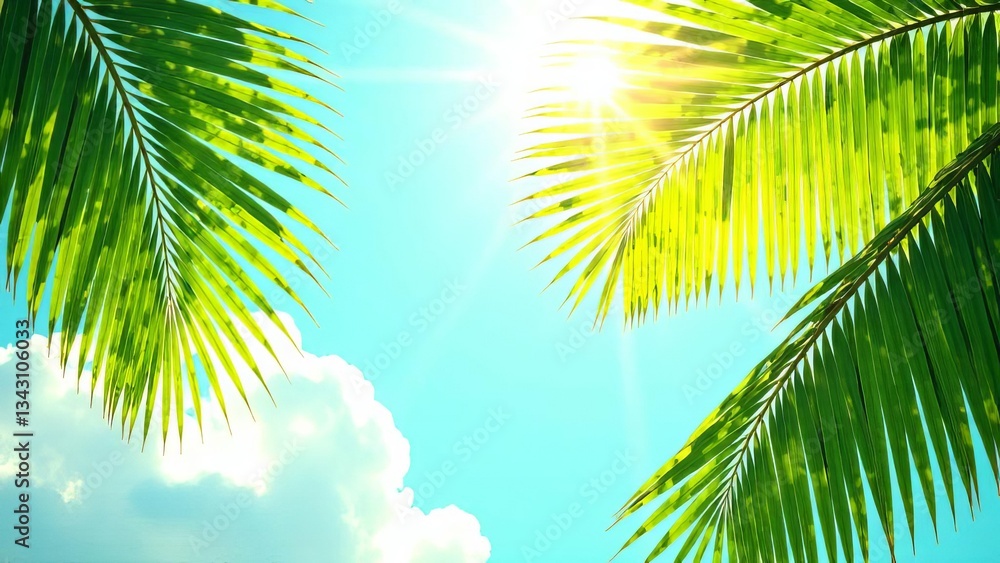 Fototapeta premium Tropical summer with bright palm leaves and sunny skies