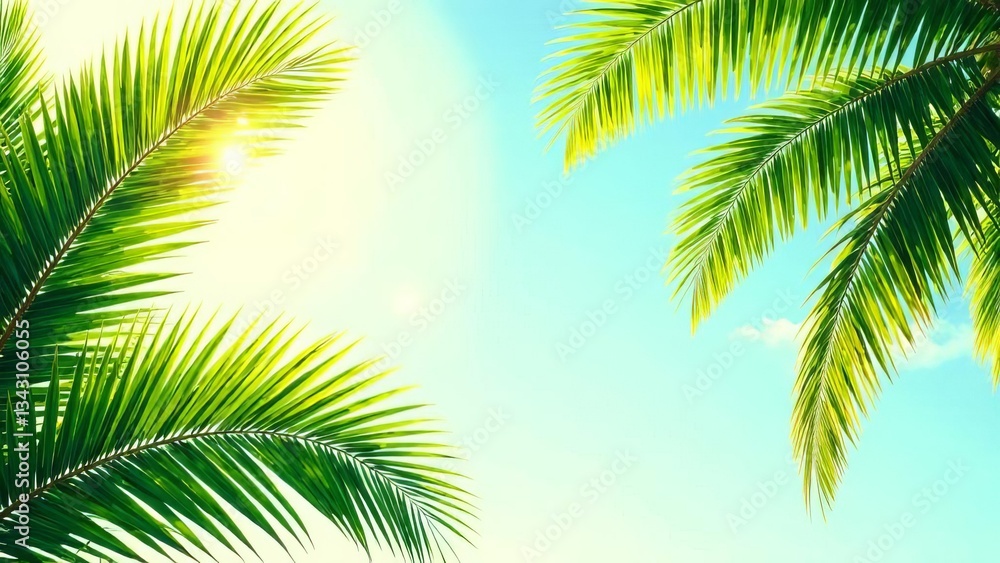 Naklejka premium Tropical summer with bright palm leaves and sunny skies