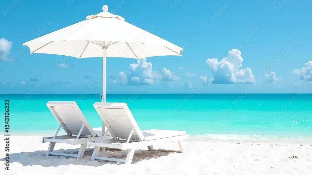 Two white sun loungers and a beach umbrella on a white sand beach with turquoise water. Vacation. Paradise. Two white sun loungers and a beach umbrella on a white sand beach with turquoise water. Vacation. Paradise.