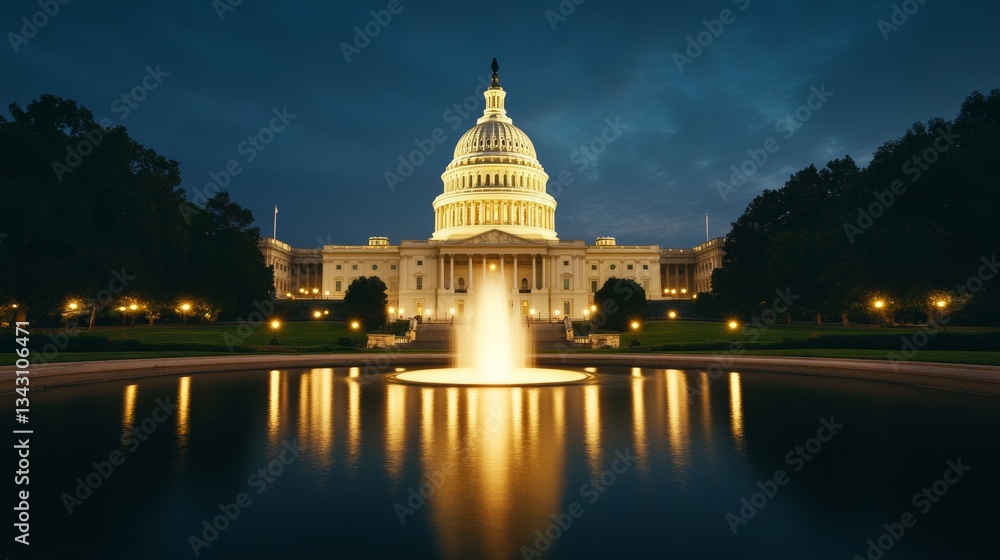 Fototapeta premium Elegant The United States Capitol building illuminated at night with lights glowing against the dark sky and reflecting in a nearby fountain 