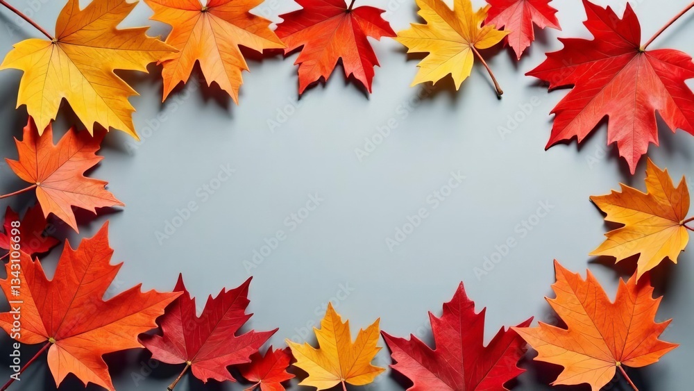 Fototapeta premium Autumn background with colorful leaves on wooden background, top view. Space for writing