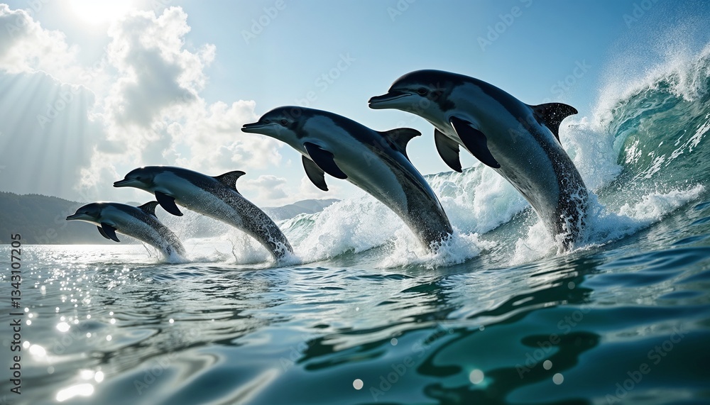 Fototapeta premium Four dolphins leaping out of the ocean waves in unison under a bright sky 