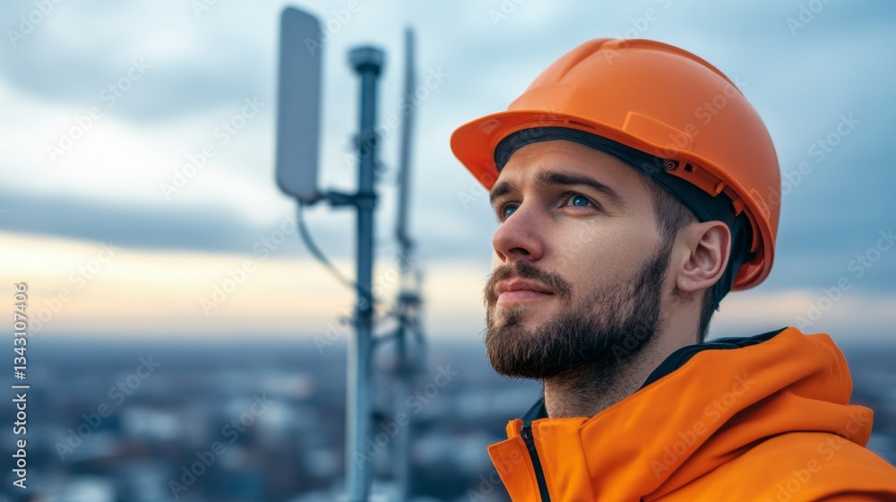 Elegant A close up of a technician installing 5G antennas on a rooftop with a cityscape in the background showcasing the deployment of high speed networks 