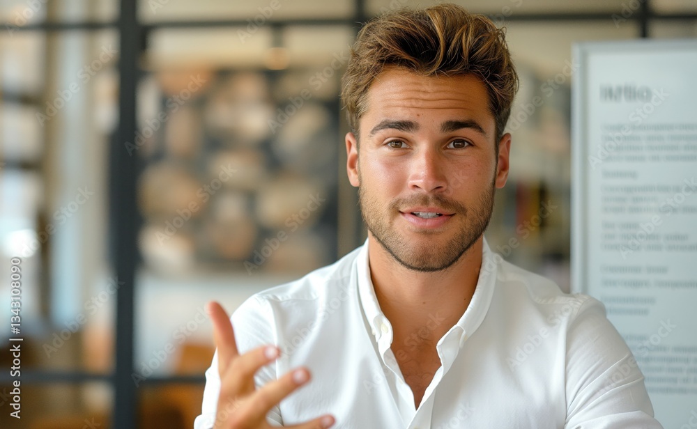 Obraz premium A young Caucasian man in a white shirt gestures while speaking, exuding confidence in a modern café setting.