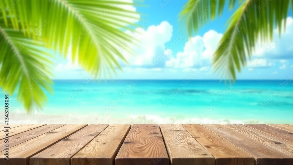 Summer table and sea with blurred palm leaves Summer table and sea with blurred palm leaves