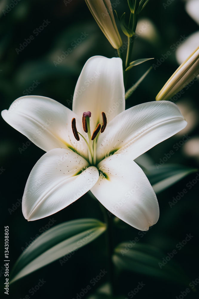 Fototapeta premium Close-up of a blooming white lily with a green bud