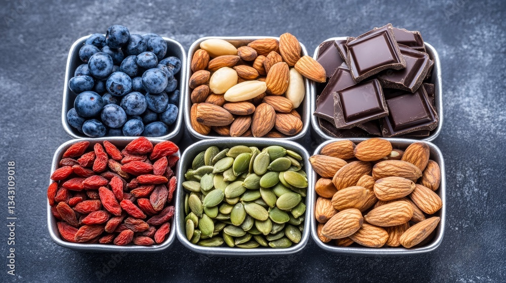 Elegant A high energy snack board with dark chocolate pumpkin seeds goji berries and almonds beautifully arranged for a healthy boost Elegant A high energy snack board with dark chocolate pumpkin seeds goji berries and almonds beautifully arranged for a healthy boost