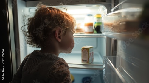 A small child looking into a mostly empty fridge, a single carton of milk on the shelf. 