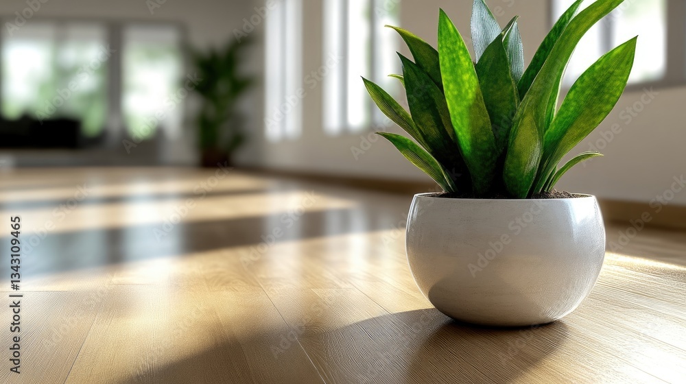 Fototapeta premium Green plant in white pot on light wood floor. Interior view of bright room