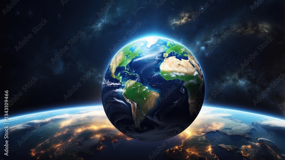Fototapeta premium A satellite view of Earth at night, highlighting the eastern United States and parts of Central America and the Caribbean.