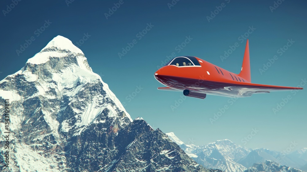 Fototapeta premium Red Private Jet Flying Over Snowy Himalayas