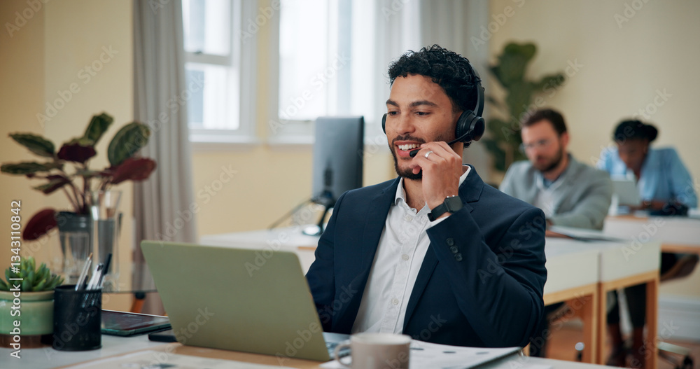 Businessman, laptop and talking with headset in office, consultant and customer service for sales. Coworking, call center and agent with mic for telemarketing, client feedback and digital for support Businessman, laptop and talking with headset in office, consultant and customer service for sales. Coworking, call center and agent with mic for telemarketing, client feedback and digital for support