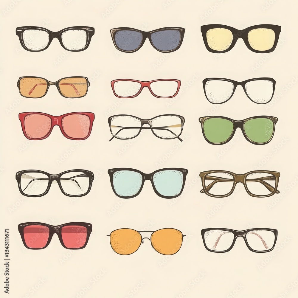 Glasses size chart illustration featuring various sunglass and eyeglass frames. Glasses size chart illustration featuring various sunglass and eyeglass frames.