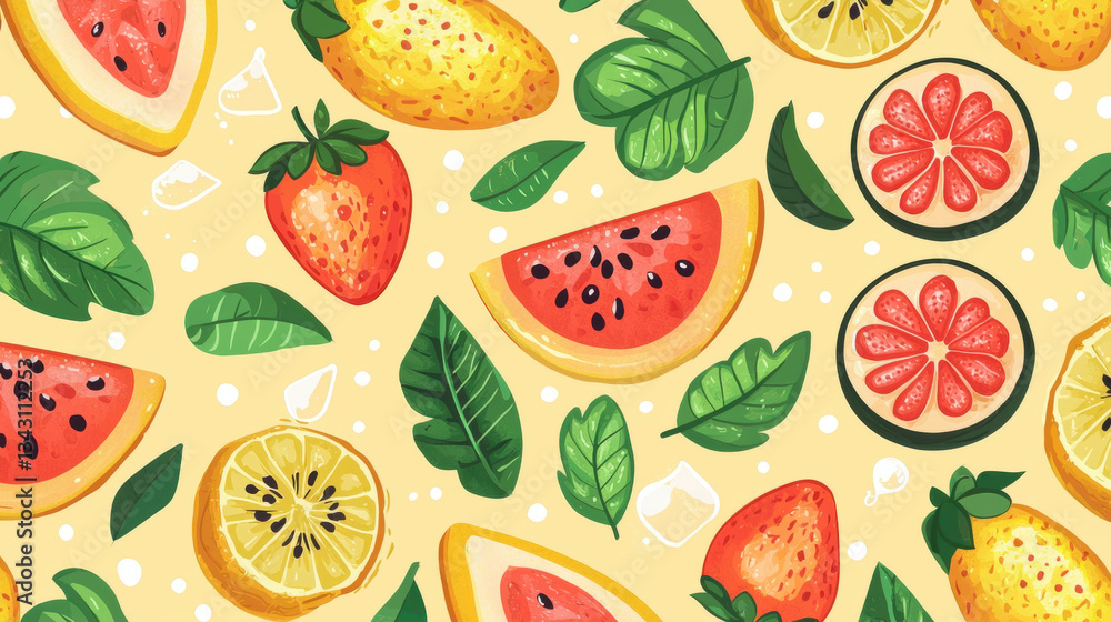Bright and colorful summer fruits create vibrant texture in this playful pattern. Featuring watermelon, strawberries, lemons, and tropical leaves, it evokes cheerful and refreshing atmosphere Bright and colorful summer fruits create vibrant texture in this playful pattern. Featuring watermelon, strawberries, lemons, and tropical leaves, it evokes cheerful and refreshing atmosphere