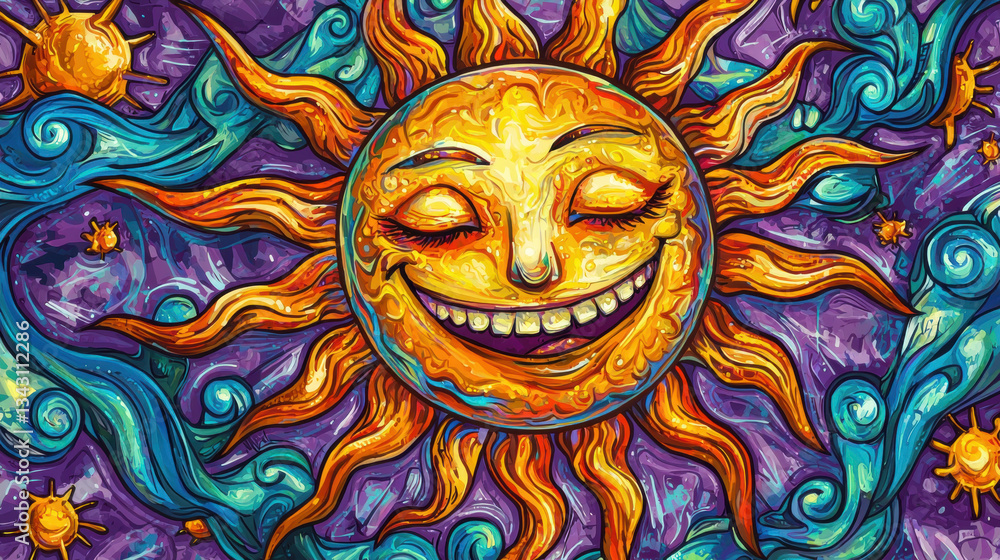 Bright and cheerful sun illustration with vibrant colors, featuring smiling face and swirling rays. This artwork captures essence of summer, texture, and joy, perfect for brightening any space Bright and cheerful sun illustration with vibrant colors, featuring smiling face and swirling rays. This artwork captures essence of summer, texture, and joy, perfect for brightening any space