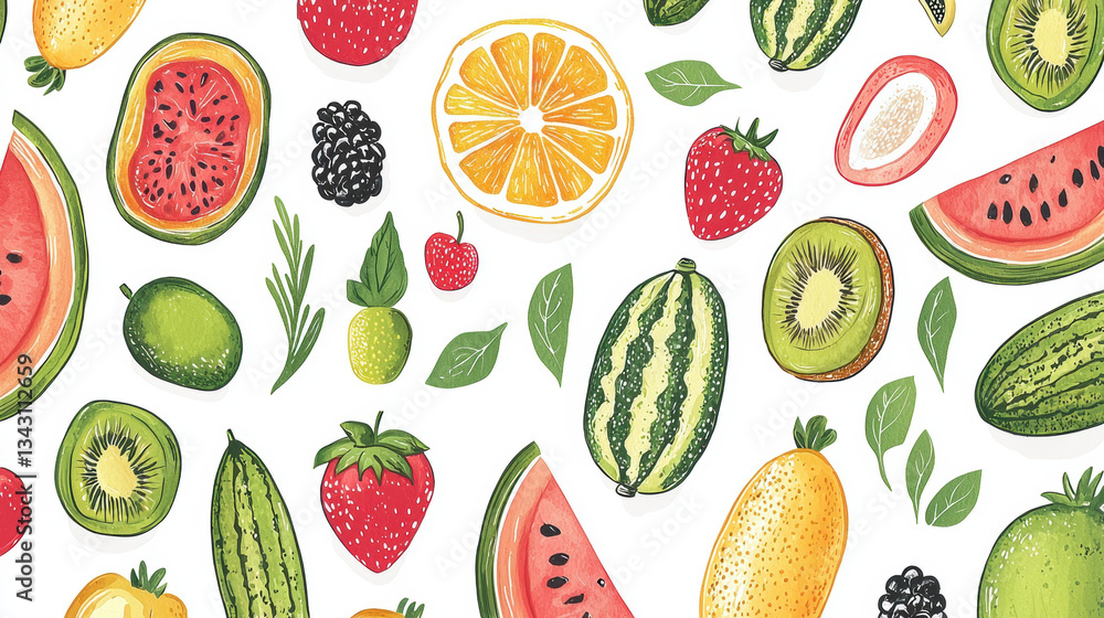 Fresh summer fruits create vibrant and colorful texture, showcasing variety of berries, melons, and citrus. This lively arrangement evokes joyful and refreshing atmosphere Fresh summer fruits create vibrant and colorful texture, showcasing variety of berries, melons, and citrus. This lively arrangement evokes joyful and refreshing atmosphere