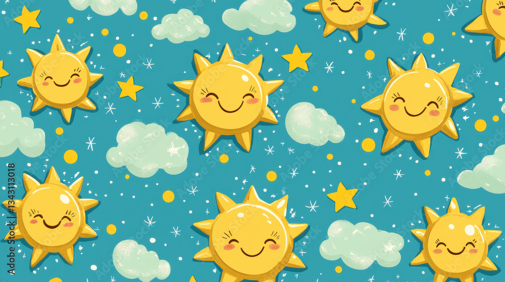 Fototapeta premium Bright and cheerful summer pattern featuring smiling suns, fluffy clouds, and twinkling stars. This playful design evokes sense of joy and warmth, perfect for summer vibes and fun textures