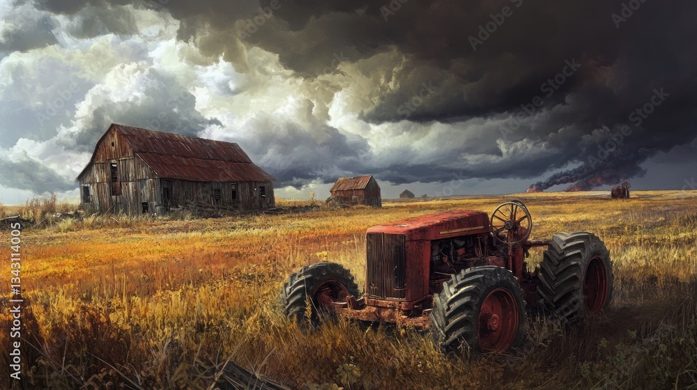 Obraz premium Abandoned farm scene under stormy sky