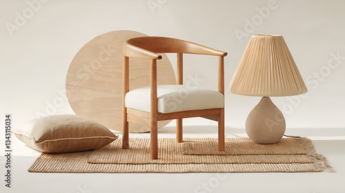 A wooden chair with a white cushion sits on a jute rug. A lamp and a decorative pillow complete the still life.