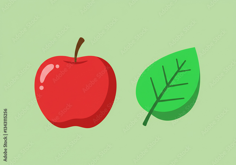 Obraz premium Red Apple and Green Leaf Pixel Art Illustration