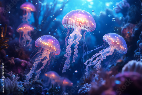 a dreamlike underwater world with floating jellyfish,glowing corals,and soft lighting