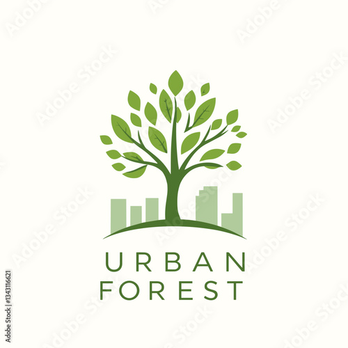 A lush, stylized tree with vibrant leaves stands prominently against a minimalist cityscape, symbolizing the harmonious integration of nature within urban environments.