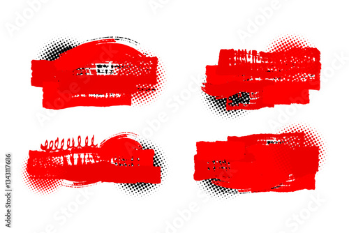 Red Brushes Grunge Paint stripe. Distressed Vector Brush Stroke. Color Modern Textured banner. Dirty Artistic Design Elements. Creative Design Elements. Perfect For Logo, Banner, Icon. Vector Eps
