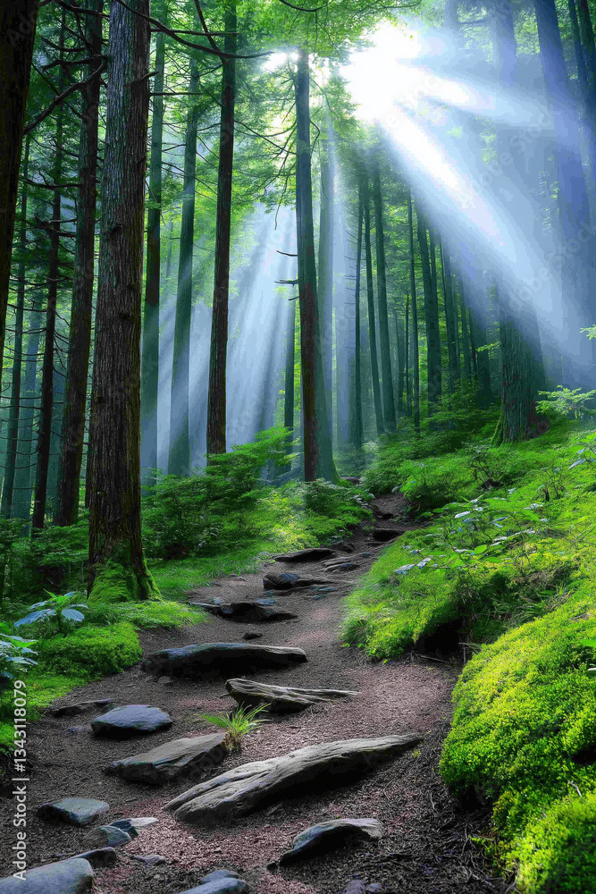 Obraz premium Serene Forest Path with Sun Rays Piercing Through Tall Trees, Mystical Green Woodland with Moss-Covered Trail and Ethereal Light Beams Creating a Tranquil Natural Escape