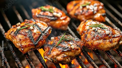 Grilled chicken thighs with herbs and spices cooking over open flames at a backyard barbecue