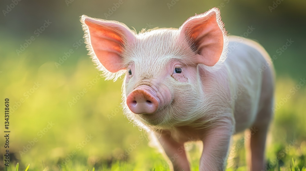 A close-up of a piglet's short, curly tail against a bright green background A close-up of a piglet's short, curly tail against a bright green background