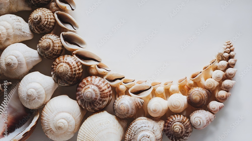 Obraz premium Seashells are arranged in a crescent shape. The shells are white and brown and vary in size.