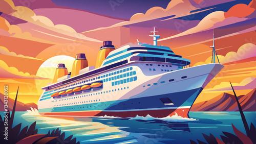 Modern mega white fun ship cruisehip cruise ship liner Prima or Bella sailing away departure from Zeebruges, Belgium for summer North Sea Baltic cruising during sunset twiilight blue 