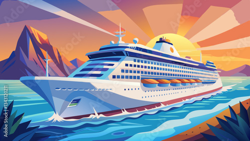 Modern mega white fun ship cruisehip cruise ship liner Prima or Bella sailing away departure from Zeebruges, Belgium for summer North Sea Baltic cruising during sunset twiilight blue 