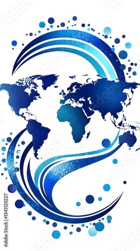 A stylized world map encased in flowing blue abstract waves represents global connections and international business networking opportunities across continents.