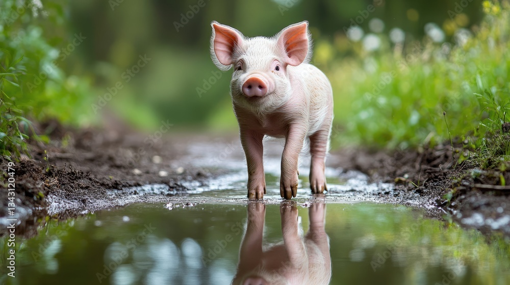 A piglet standing in a shallow water puddle, cooling off on a hot day