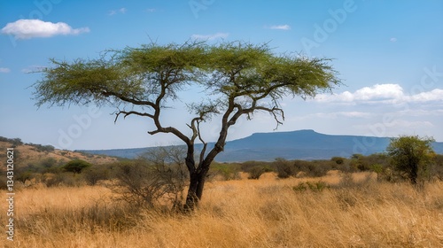 An acacia tree stands alone in a sun-drenched savanna. The image represents nature and evokes a sense of solitude and beauty.