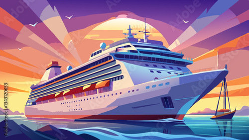 Modern mega white fun ship cruisehip cruise ship liner Prima or Bella sailing away departure from Zeebruges, Belgium for summer North Sea Baltic cruising during sunset twiilight blue 