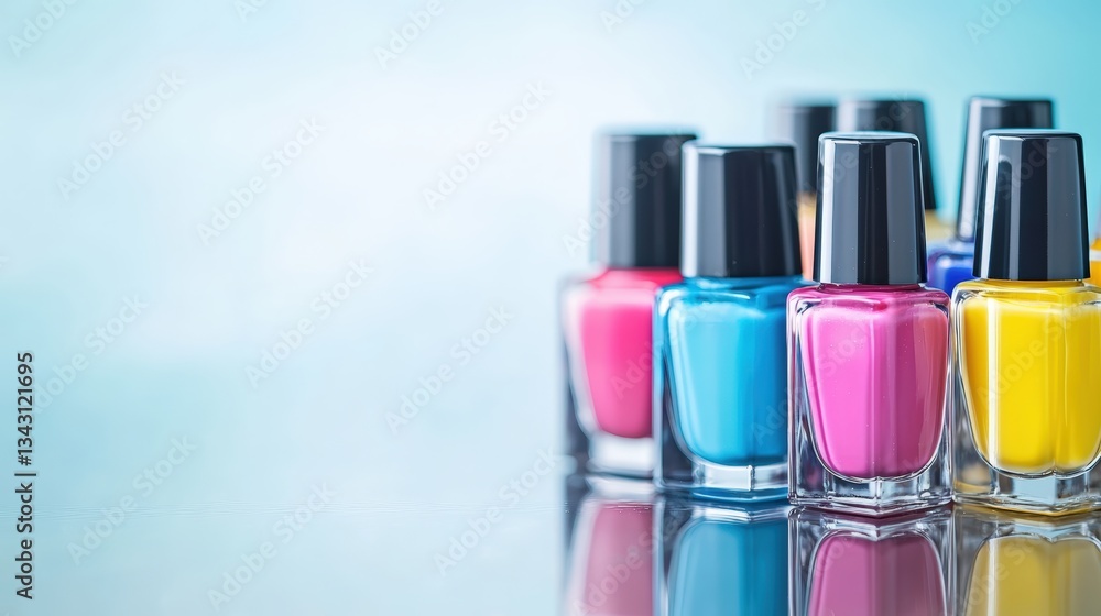 Playful arrangement of nail polish bottles with unique packaging styles: A vibrant and fun layout of nail polish bottles in various shapes and colors, creatively arranged on a glossy surface with Playful arrangement of nail polish bottles with unique packaging styles: A vibrant and fun layout of nail polish bottles in various shapes and colors, creatively arranged on a glossy surface with