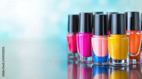 Playful arrangement of nail polish bottles with unique packaging styles: A vibrant and fun layout of nail polish bottles in various shapes and colors, creatively arranged on a glossy surface with