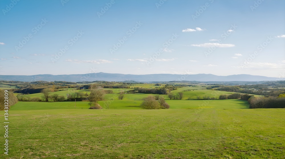 Expansive green fields, dotted with trees, under a blue sky. The landscape evokes peace and tranquility. Alternative text intended for use as alt-text. Expansive green fields, dotted with trees, under a blue sky. The landscape evokes peace and tranquility. Alternative text intended for use as alt-text.