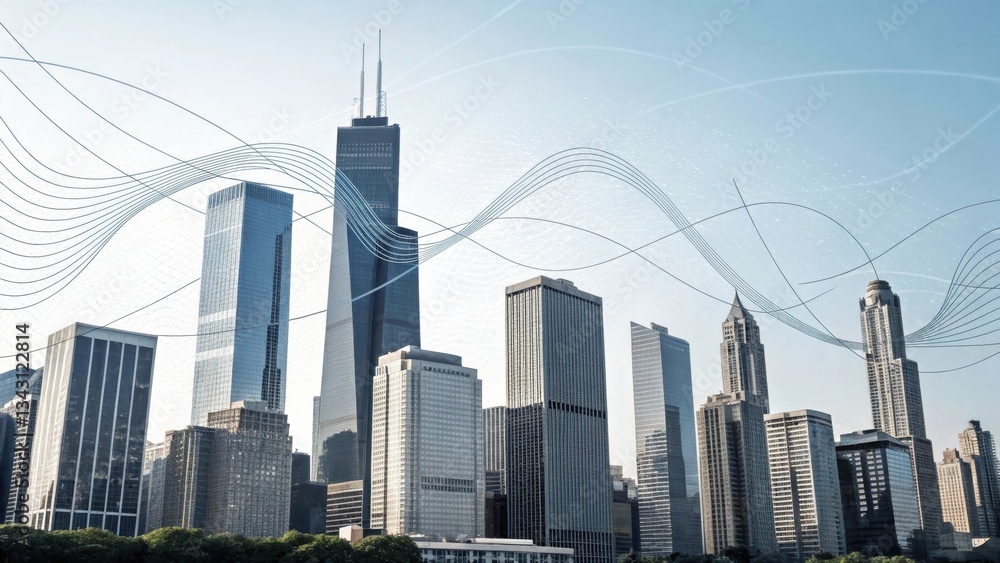 Fototapeta premium A modern city skyline featuring tall buildings with a clear blue sky and dynamic wave patterns in the background.