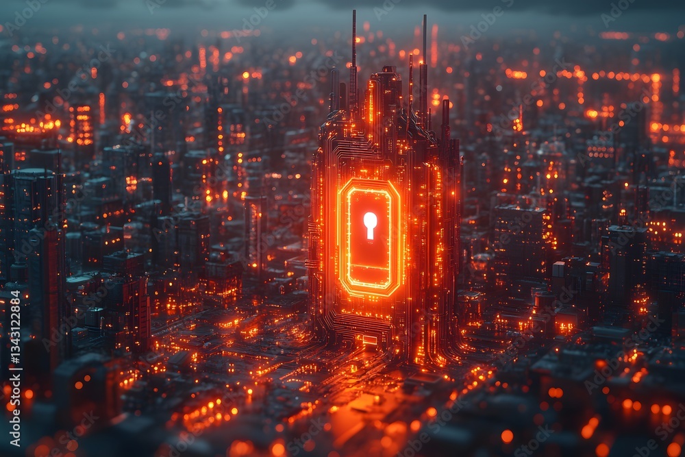 Fototapeta premium Glowing Cybersecurity Cityscape - Futuristic Digital Data Protection Concept Design for Technology, Security, and Innovation